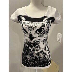 MNG Mango Jeans Black White Owl Top T Shirt Short Sleeves Size XS